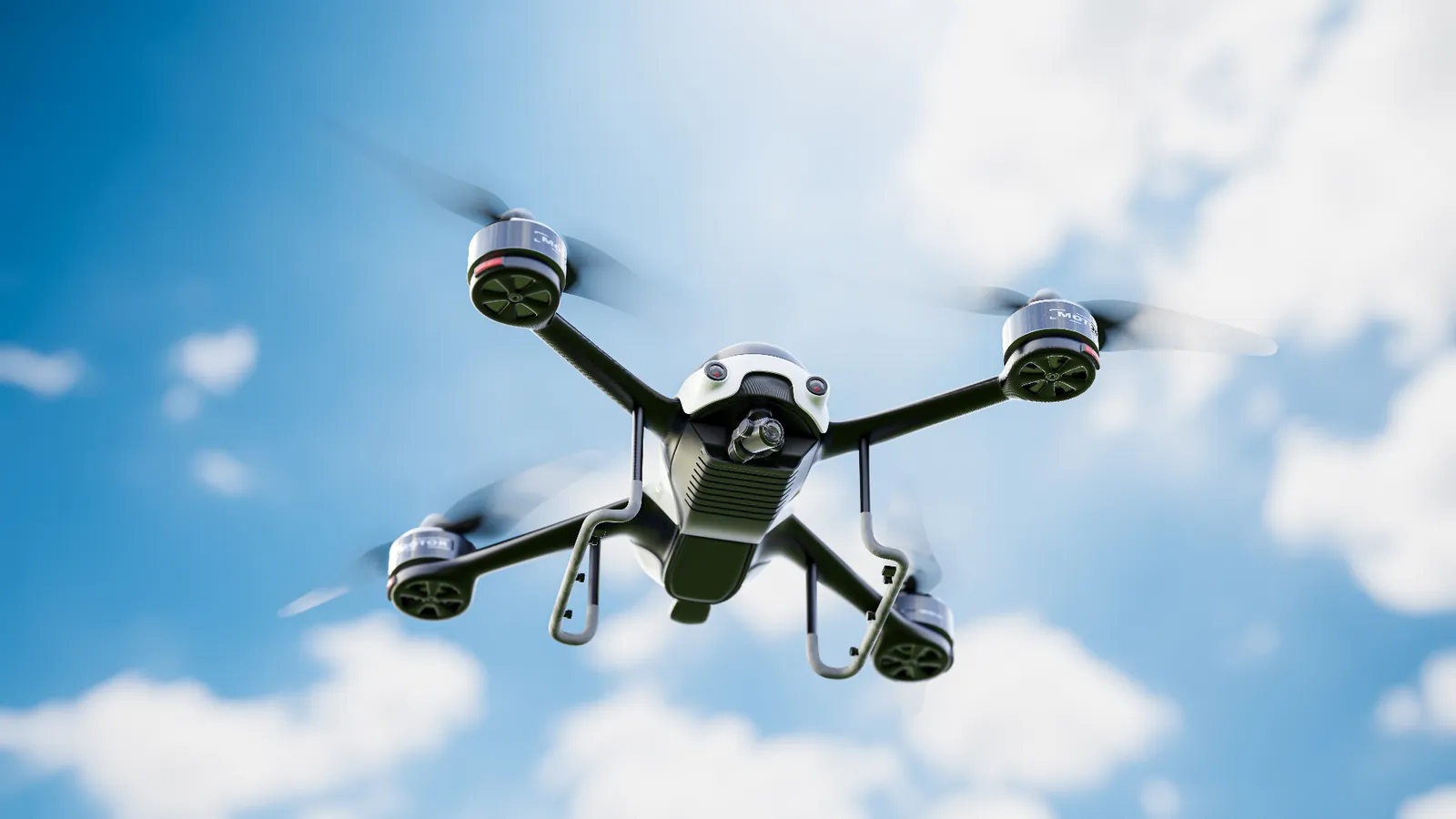 Drone in flight against a blue sky