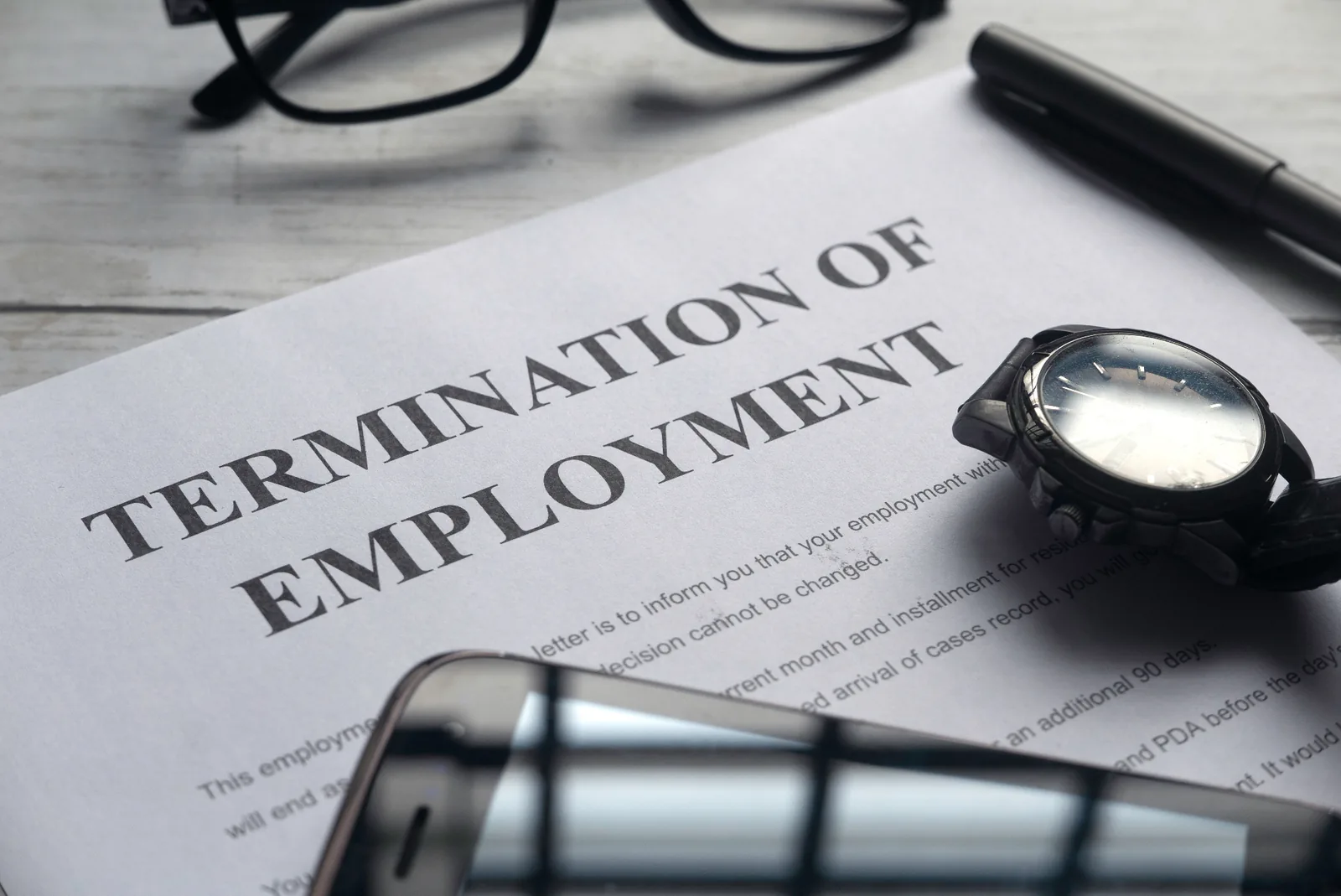 Termination of employment letter on a desk with glasses, pen, watch and a phone